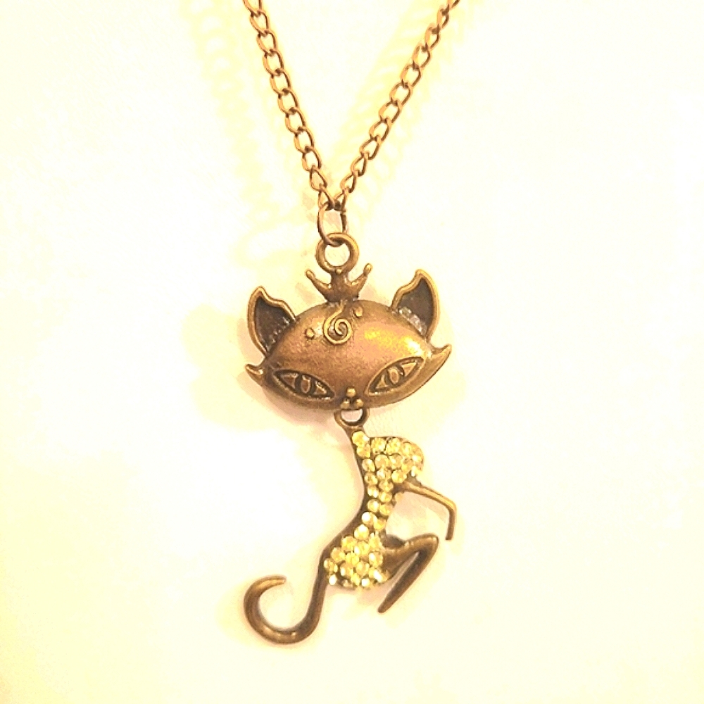 Elegant Bronze Sexy Cat Pendant Necklace Pave Crystals